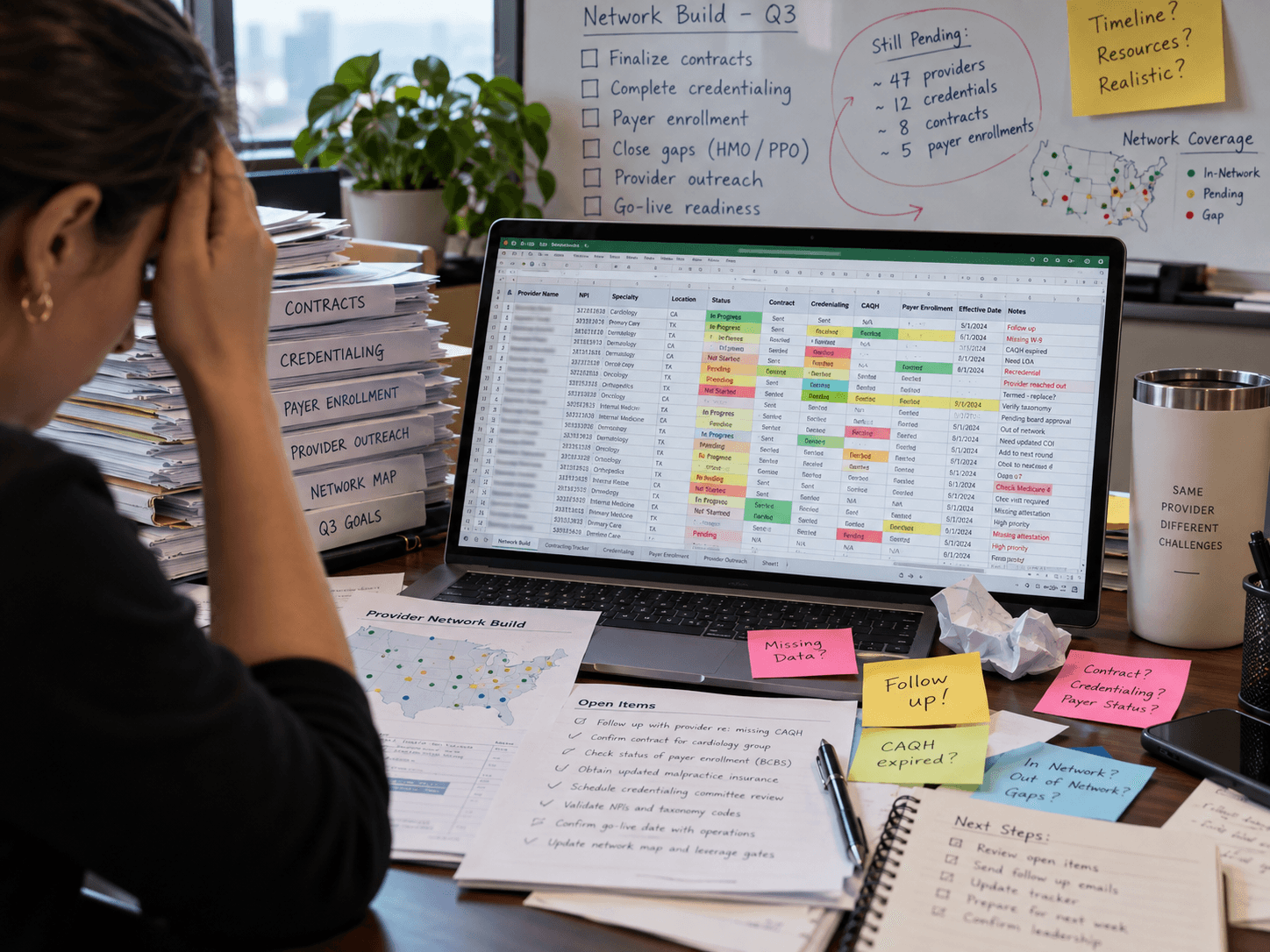 A network manager surrounded by contract binders, sticky notes, and a colour-coded credentialing spreadsheet during a stalled provider network build.