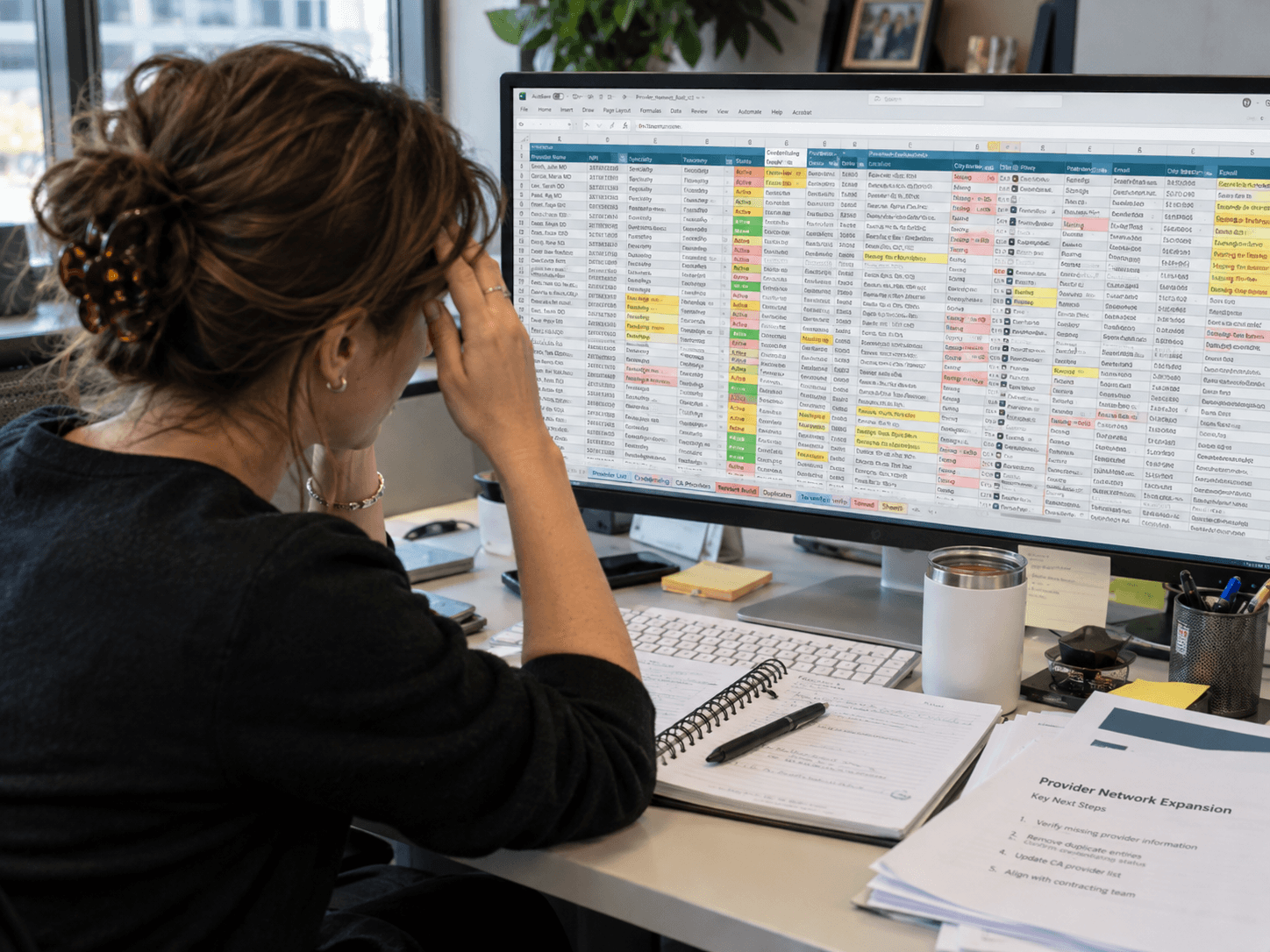 A network manager working through a sprawling colour-coded provider roster spreadsheet, tracking credentialing status and duplicate entries by hand.