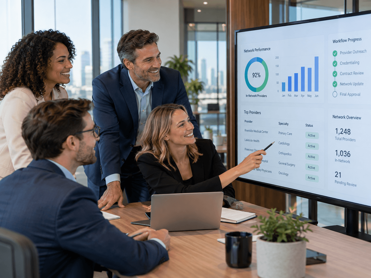 A network team reviewing live network performance and workflow progress — outreach, credentialing, contract review, and network updates — on a shared dashboard.