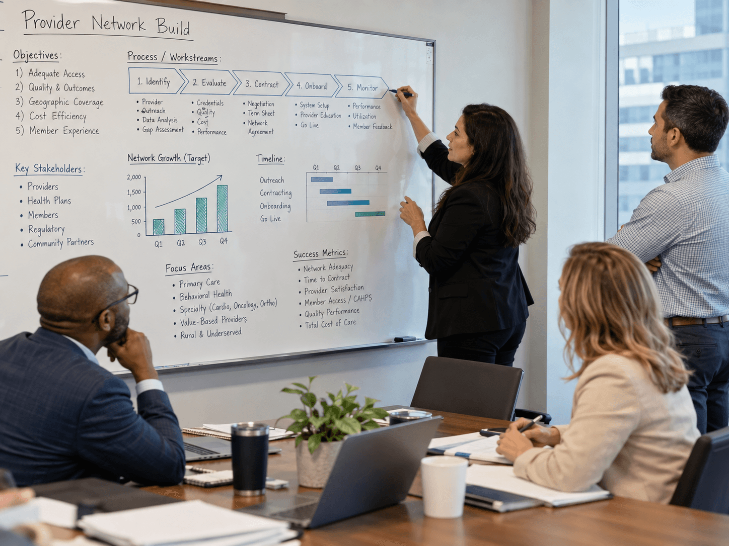 A provider network build mapped on a whiteboard: objectives, workstreams from identify through monitor, network growth targets, timeline, and success metrics.